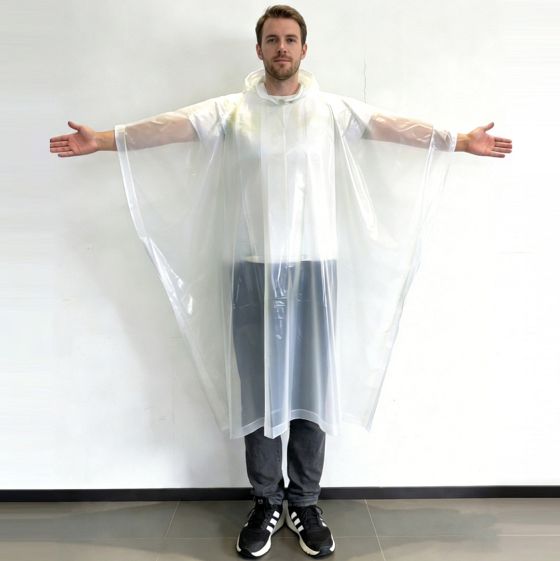 Poncho biodegradabil din PLA pentru adulți, cu glugă, acoperire totală a corpului, țesătură 12 denier, imprimare logo și personalizare