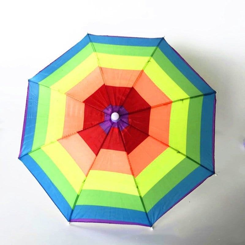 Fejre helyezhető esernyő sapka, fejre illeszkedő dizájn és elasztikus pánttal, csíkos nylon 170T anyag, 8 bordás vasváz, kézi nyitás