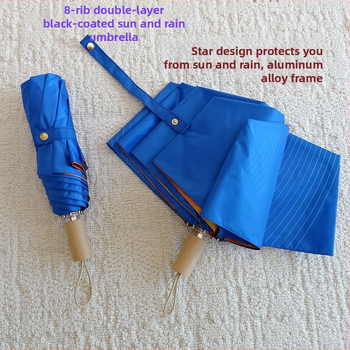 Umbrelă pliabilă cu strat dublu, material vinil, ramă din aluminiu cu 8 spițe, mâner din lemn, personalizare logo