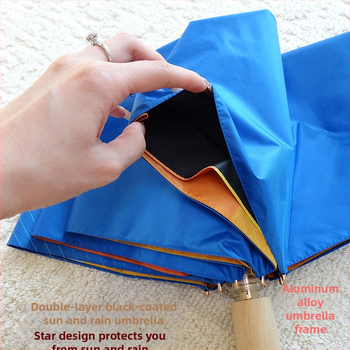 Umbrelă pliabilă cu strat dublu, material vinil, ramă din aluminiu cu 8 spițe, mâner din lemn, personalizare logo