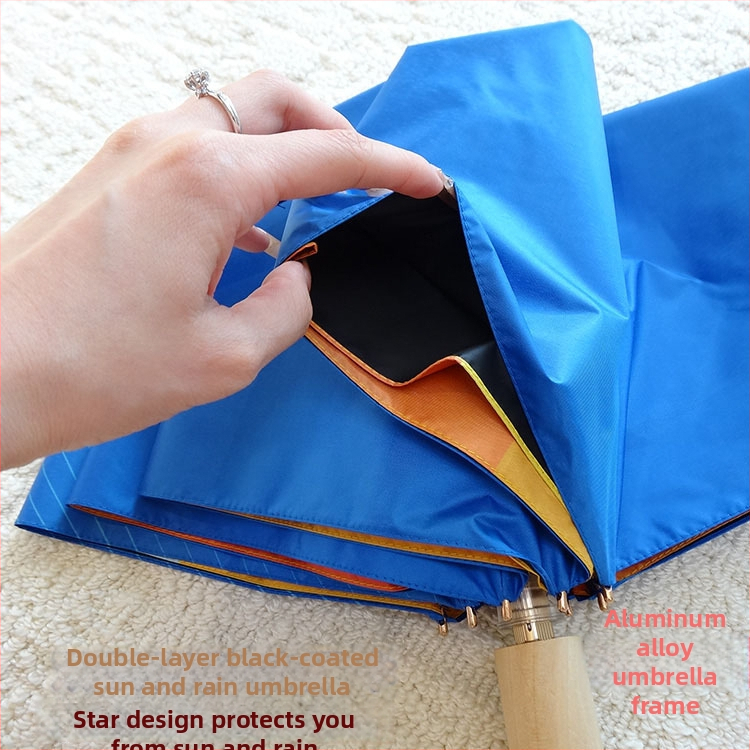 Umbrelă pliabilă cu strat dublu, material vinil, ramă din aluminiu cu 8 spițe, mâner din lemn, personalizare logo