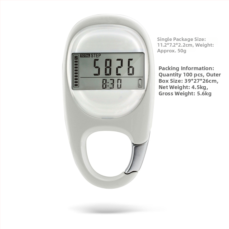 Pedometer s 3D senzorom, ABS telo, HY-707 — karabínový kľúčenka, počítanie krokov, vzdialenosť a kalórie