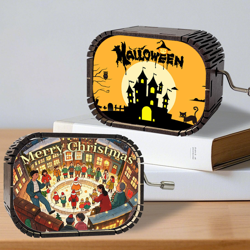 Retro ručno navijajuća drvena glazbena kutija — mini dekorativni dar za blagdane