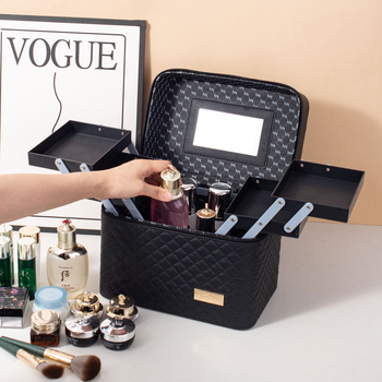 Φορητή τσάντα μακιγιάζ με μεγάλη χωρητικότητα και πολυεπίπεδη σχεδίαση, PU δέρμα, κεντημένο σχέδιο πλέγματος, επένδυση από νάιλον