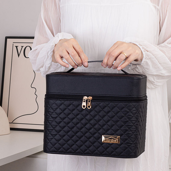 Φορητή τσάντα μακιγιάζ με μεγάλη χωρητικότητα και πολυεπίπεδη σχεδίαση, PU δέρμα, κεντημένο σχέδιο πλέγματος, επένδυση από νάιλον