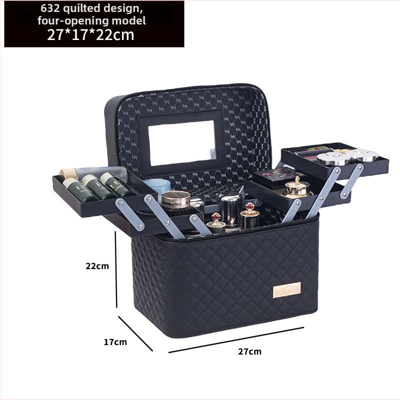 Φορητή τσάντα μακιγιάζ με μεγάλη χωρητικότητα και πολυεπίπεδη σχεδίαση, PU δέρμα, κεντημένο σχέδιο πλέγματος, επένδυση από νάιλον