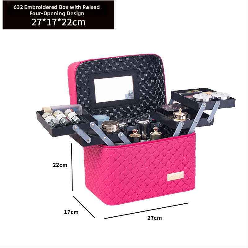 Φορητή τσάντα μακιγιάζ με μεγάλη χωρητικότητα και πολυεπίπεδη σχεδίαση, PU δέρμα, κεντημένο σχέδιο πλέγματος, επένδυση από νάιλον