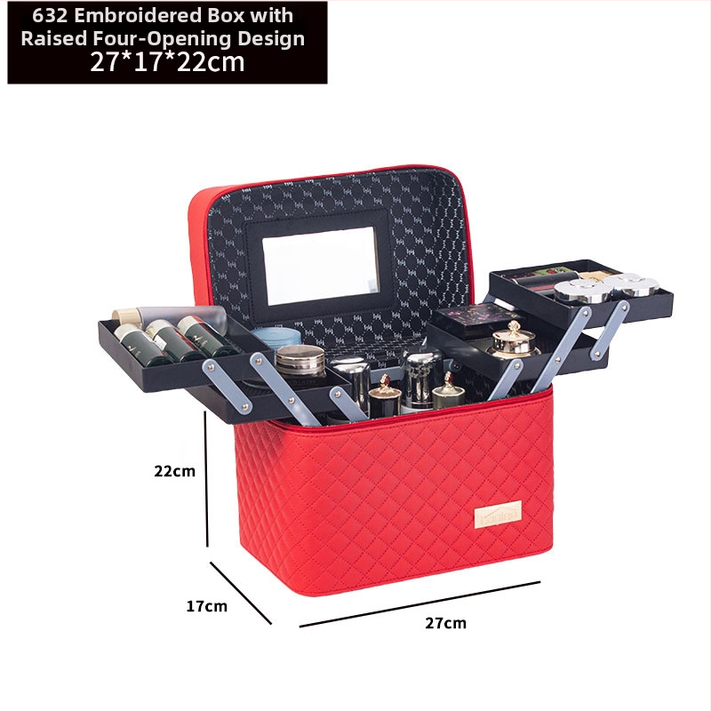 Φορητή τσάντα μακιγιάζ με μεγάλη χωρητικότητα και πολυεπίπεδη σχεδίαση, PU δέρμα, κεντημένο σχέδιο πλέγματος, επένδυση από νάιλον