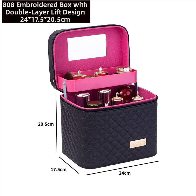 Φορητή τσάντα μακιγιάζ με μεγάλη χωρητικότητα και πολυεπίπεδη σχεδίαση, PU δέρμα, κεντημένο σχέδιο πλέγματος, επένδυση από νάιλον