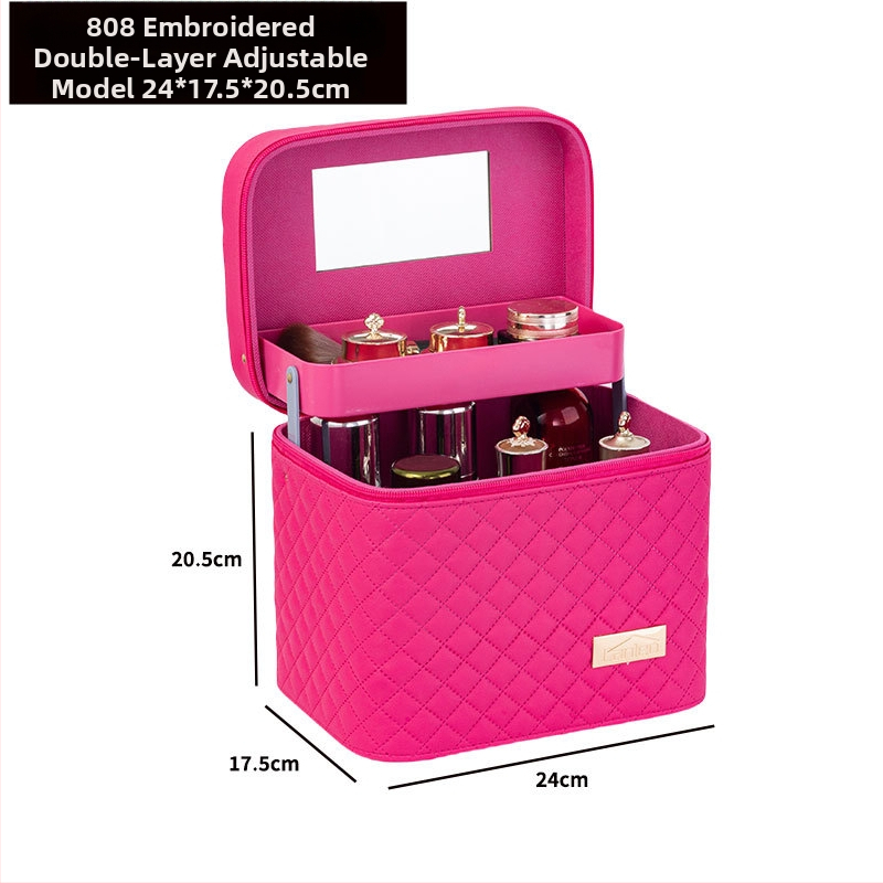 Φορητή τσάντα μακιγιάζ με μεγάλη χωρητικότητα και πολυεπίπεδη σχεδίαση, PU δέρμα, κεντημένο σχέδιο πλέγματος, επένδυση από νάιλον