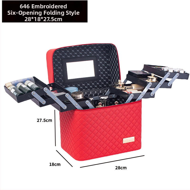 Φορητή τσάντα μακιγιάζ με μεγάλη χωρητικότητα και πολυεπίπεδη σχεδίαση, PU δέρμα, κεντημένο σχέδιο πλέγματος, επένδυση από νάιλον