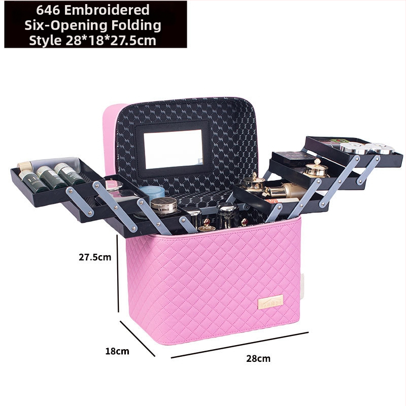 Φορητή τσάντα μακιγιάζ με μεγάλη χωρητικότητα και πολυεπίπεδη σχεδίαση, PU δέρμα, κεντημένο σχέδιο πλέγματος, επένδυση από νάιλον