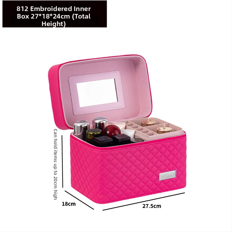 Φορητή τσάντα μακιγιάζ με μεγάλη χωρητικότητα και πολυεπίπεδη σχεδίαση, PU δέρμα, κεντημένο σχέδιο πλέγματος, επένδυση από νάιλον