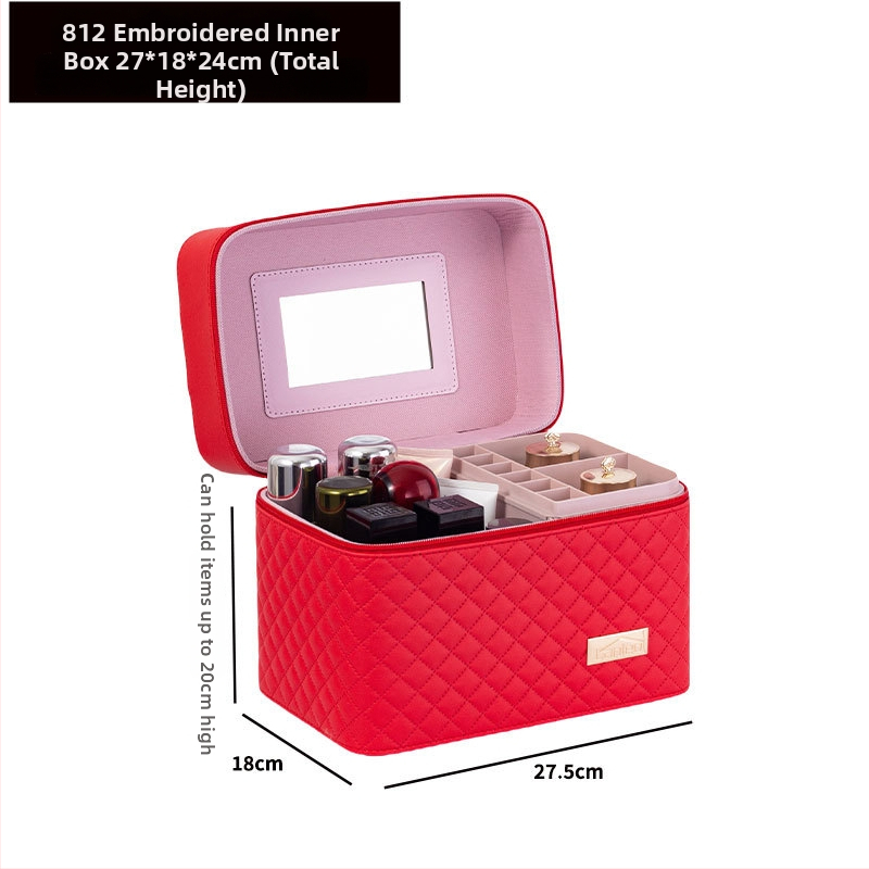 Φορητή τσάντα μακιγιάζ με μεγάλη χωρητικότητα και πολυεπίπεδη σχεδίαση, PU δέρμα, κεντημένο σχέδιο πλέγματος, επένδυση από νάιλον