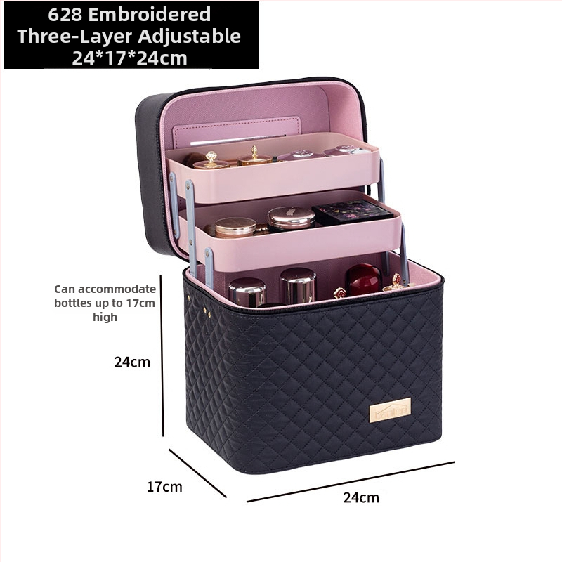 Φορητή τσάντα μακιγιάζ με μεγάλη χωρητικότητα και πολυεπίπεδη σχεδίαση, PU δέρμα, κεντημένο σχέδιο πλέγματος, επένδυση από νάιλον