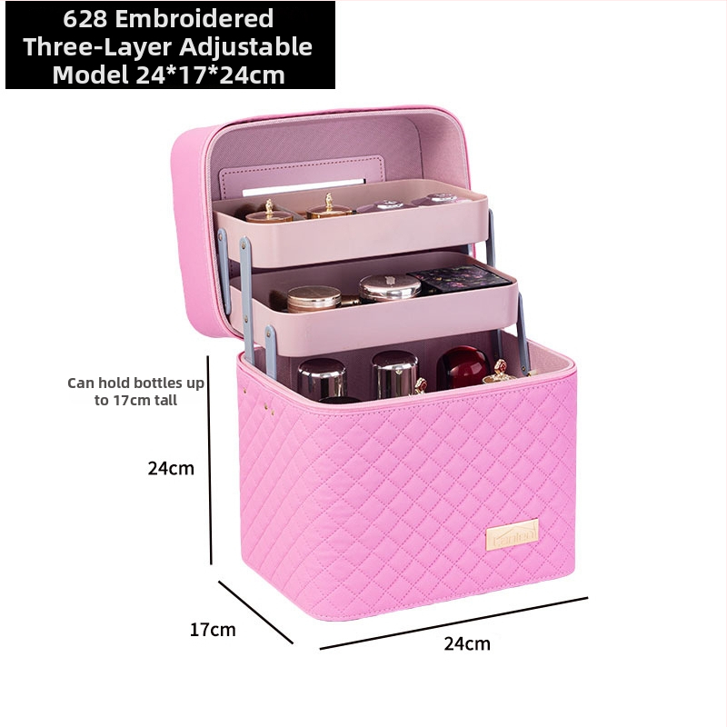 Φορητή τσάντα μακιγιάζ με μεγάλη χωρητικότητα και πολυεπίπεδη σχεδίαση, PU δέρμα, κεντημένο σχέδιο πλέγματος, επένδυση από νάιλον