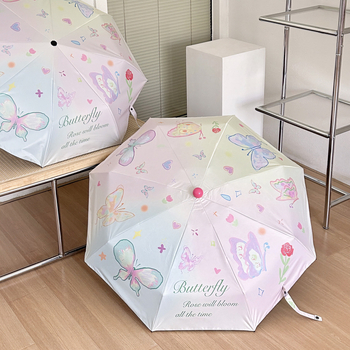 Összecsukható napernyő női használatra, tavaszi pillangó dizájn, hordozható (24 bordás szerkezet; ötvözet váza és bordák; tömör fa fogantyú; 210T vinil bevonatú anyag; UPF >50)