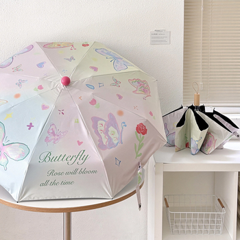 Összecsukható napernyő női használatra, tavaszi pillangó dizájn, hordozható (24 bordás szerkezet; ötvözet váza és bordák; tömör fa fogantyú; 210T vinil bevonatú anyag; UPF >50)