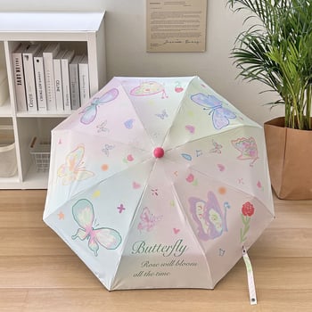 Összecsukható napernyő női használatra, tavaszi pillangó dizájn, hordozható (24 bordás szerkezet; ötvözet váza és bordák; tömör fa fogantyú; 210T vinil bevonatú anyag; UPF >50)