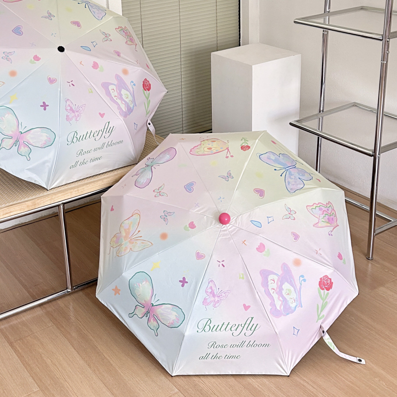 Összecsukható napernyő női használatra, tavaszi pillangó dizájn, hordozható (24 bordás szerkezet; ötvözet váza és bordák; tömör fa fogantyú; 210T vinil bevonatú anyag; UPF >50)