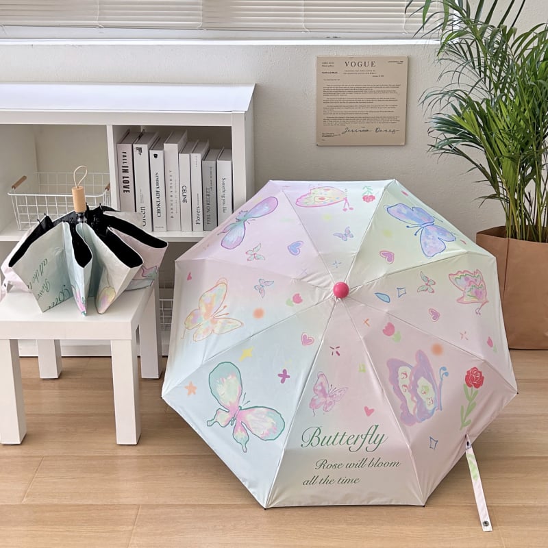 Összecsukható napernyő női használatra, tavaszi pillangó dizájn, hordozható (24 bordás szerkezet; ötvözet váza és bordák; tömör fa fogantyú; 210T vinil bevonatú anyag; UPF >50)