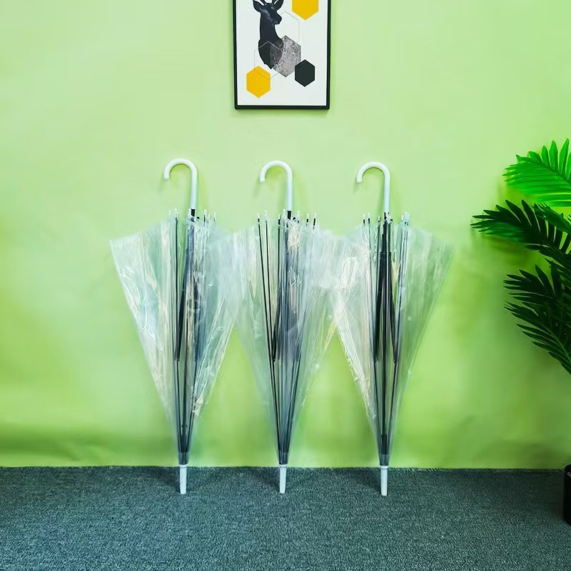 Proziran kišobran s 8 rebara, PVC platno, poluautomatsko otvaranje, duga drška, korejski stil, mogućnost tiskanja loga