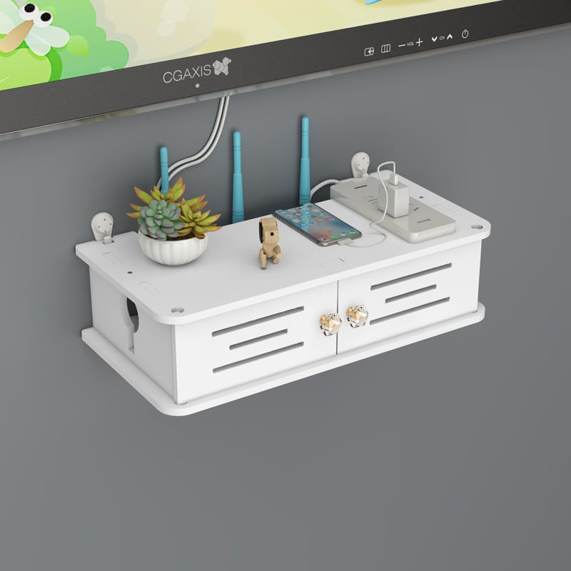 Router és set-top box tartó — fa-plasztik lemez konstrukció, porálló, 1 réteg, asztali tárolás, modern minimalista stílus