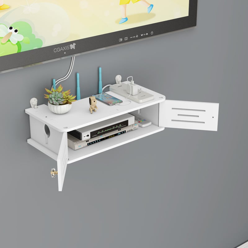 Router és set-top box tartó — fa-plasztik lemez konstrukció, porálló, 1 réteg, asztali tárolás, modern minimalista stílus