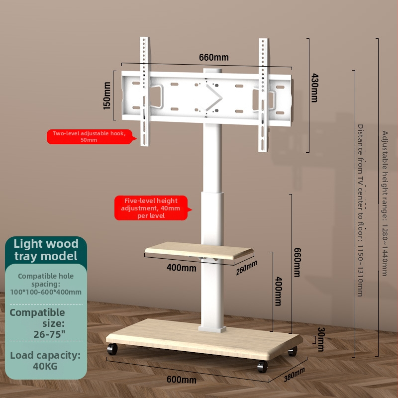 Prenosný stojan na podlahe pre televízor s úložným priestorom, univerzálnymi kolieskami, konštrukcia zo studenej valcovanej ocele; kompatibilné s inteligentnými televízormi.