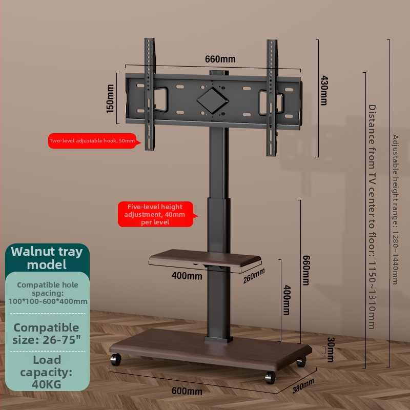 Prenosný stojan na podlahe pre televízor s úložným priestorom, univerzálnymi kolieskami, konštrukcia zo studenej valcovanej ocele; kompatibilné s inteligentnými televízormi.