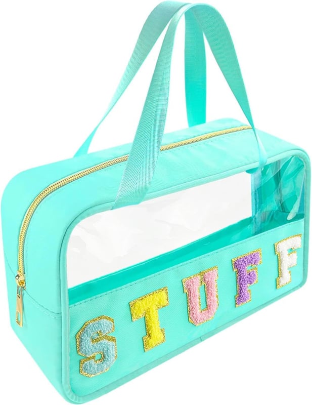 Διαφανές PVC τσαντάκι καλλυντικών με μοτίβο γράμματος, επένδυση από πολυεστέρα — αδιάβροχο, διαχωρισμός στεγνών–υγρών, ταξιδιωτικός οργανωτής