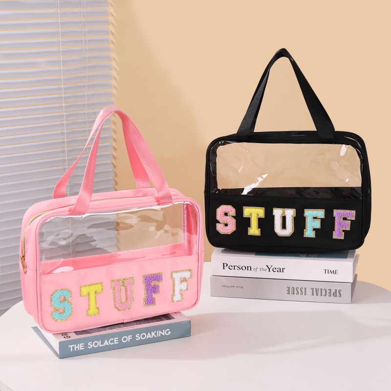 Διαφανές PVC τσαντάκι καλλυντικών με μοτίβο γράμματος, επένδυση από πολυεστέρα — αδιάβροχο, διαχωρισμός στεγνών–υγρών, ταξιδιωτικός οργανωτής