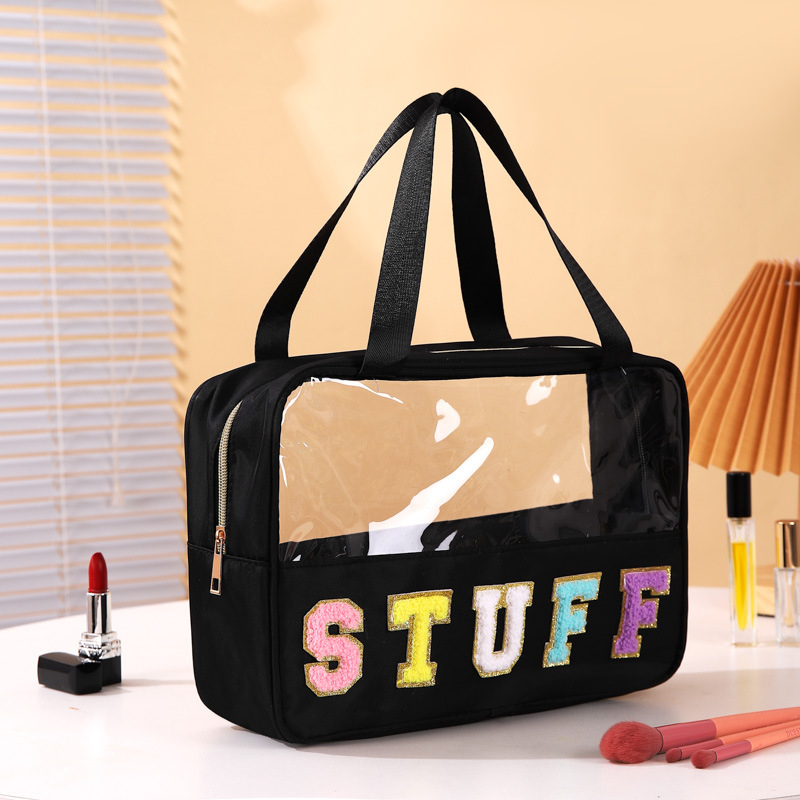 Διαφανές PVC τσαντάκι καλλυντικών με μοτίβο γράμματος, επένδυση από πολυεστέρα — αδιάβροχο, διαχωρισμός στεγνών–υγρών, ταξιδιωτικός οργανωτής