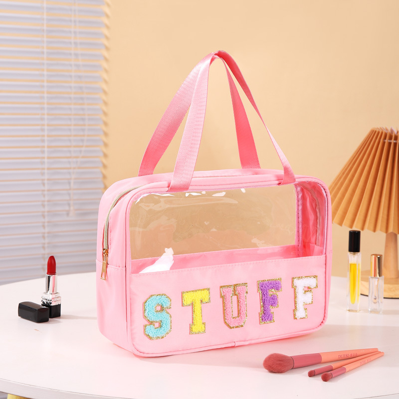 Διαφανές PVC τσαντάκι καλλυντικών με μοτίβο γράμματος, επένδυση από πολυεστέρα — αδιάβροχο, διαχωρισμός στεγνών–υγρών, ταξιδιωτικός οργανωτής