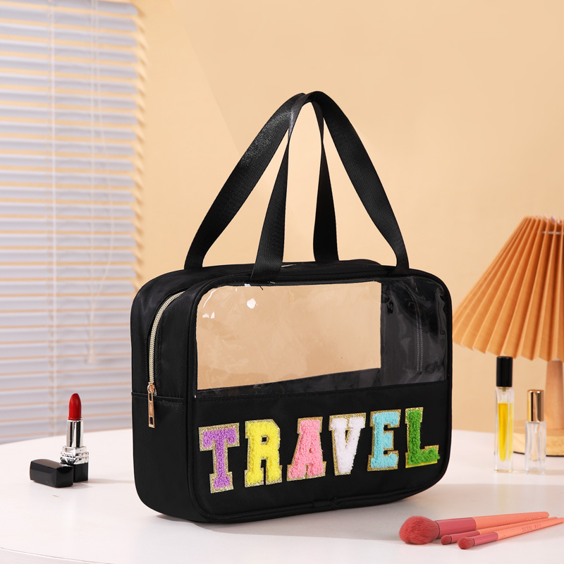 Διαφανές PVC τσαντάκι καλλυντικών με μοτίβο γράμματος, επένδυση από πολυεστέρα — αδιάβροχο, διαχωρισμός στεγνών–υγρών, ταξιδιωτικός οργανωτής