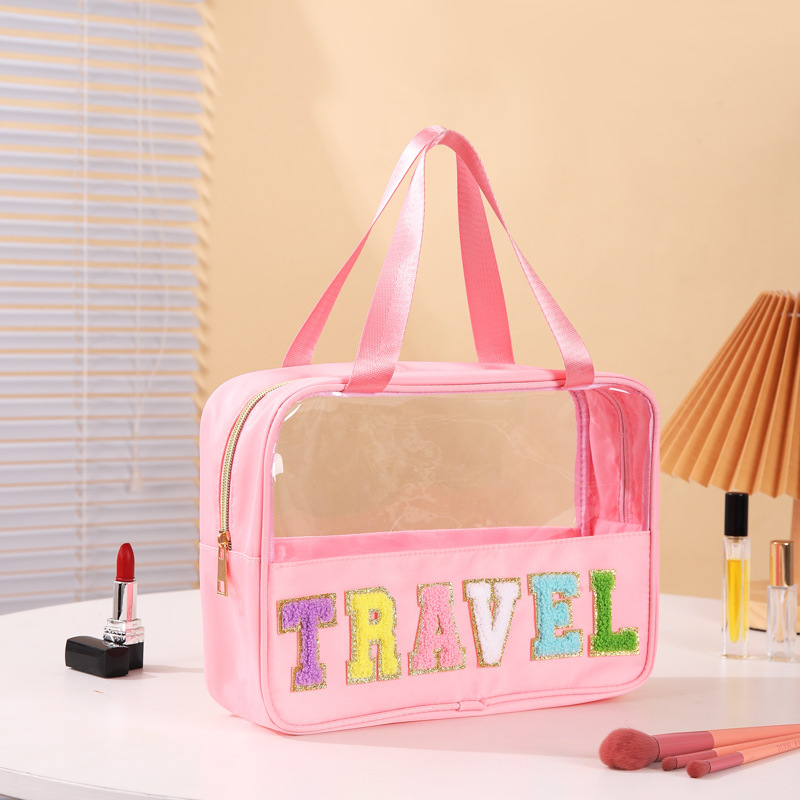 Διαφανές PVC τσαντάκι καλλυντικών με μοτίβο γράμματος, επένδυση από πολυεστέρα — αδιάβροχο, διαχωρισμός στεγνών–υγρών, ταξιδιωτικός οργανωτής