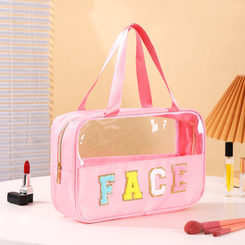 Διαφανές PVC τσαντάκι καλλυντικών με μοτίβο γράμματος, επένδυση από πολυεστέρα — αδιάβροχο, διαχωρισμός στεγνών–υγρών, ταξιδιωτικός οργανωτής