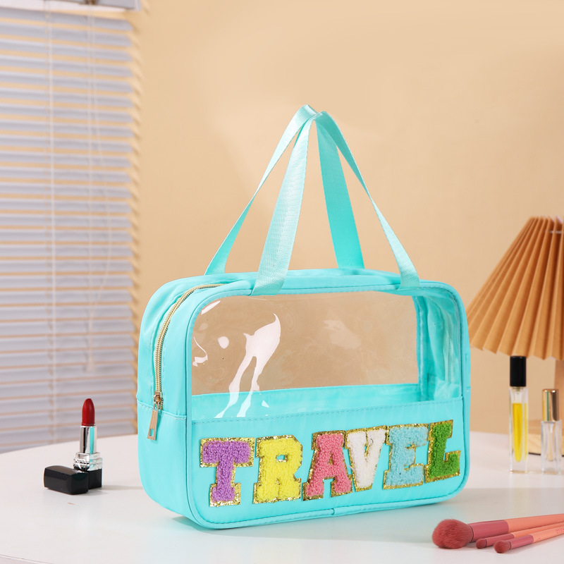 Διαφανές PVC τσαντάκι καλλυντικών με μοτίβο γράμματος, επένδυση από πολυεστέρα — αδιάβροχο, διαχωρισμός στεγνών–υγρών, ταξιδιωτικός οργανωτής