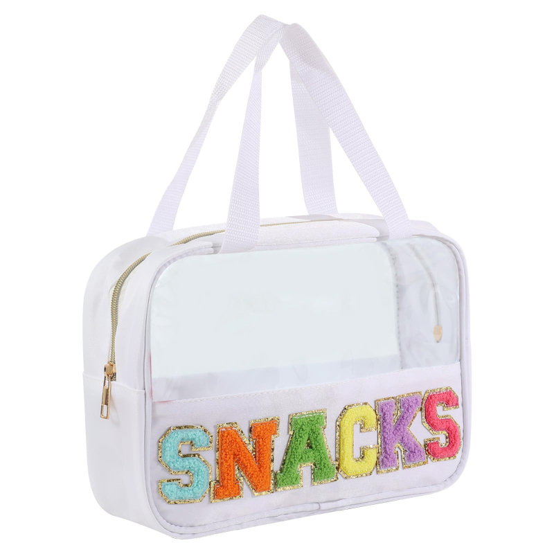 Διαφανές PVC τσαντάκι καλλυντικών με μοτίβο γράμματος, επένδυση από πολυεστέρα — αδιάβροχο, διαχωρισμός στεγνών–υγρών, ταξιδιωτικός οργανωτής