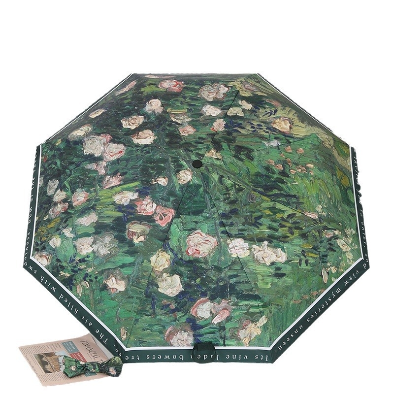 Ženska automatska kišobran za sunce, retro stil, UPF50+, 8 rebara, poliester 190T, kapsulni kompaktni dizajn s motivom ulja ruže