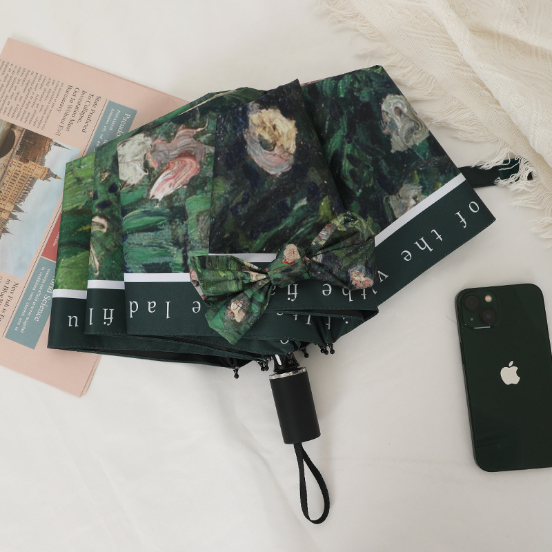 Ženska automatska kišobran za sunce, retro stil, UPF50+, 8 rebara, poliester 190T, kapsulni kompaktni dizajn s motivom ulja ruže