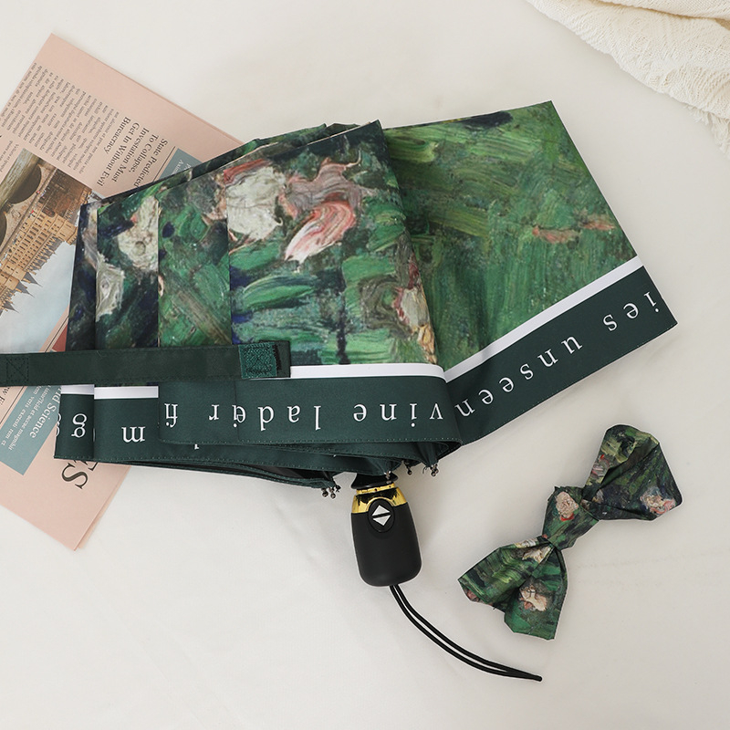 Ženska automatska kišobran za sunce, retro stil, UPF50+, 8 rebara, poliester 190T, kapsulni kompaktni dizajn s motivom ulja ruže