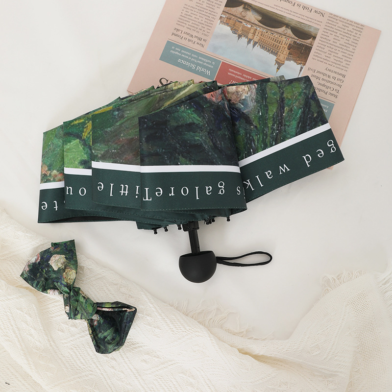 Ženska automatska kišobran za sunce, retro stil, UPF50+, 8 rebara, poliester 190T, kapsulni kompaktni dizajn s motivom ulja ruže