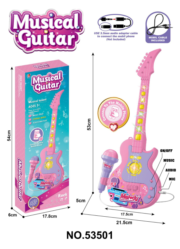Dječja igračka gitara s mikrofonom i 5 svjetala za pjevanje (Materijal: plastika; Model: 5350; Snaga: 10; Dobna skupina: 4–6 godina)