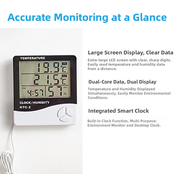 Hct-2 Digitalni mjerač temperature i vlage za unutarnju uporabu s budilicom i prikazom datuma i vremena, raspon 0–60, kompatibilan sa pametnim domom
