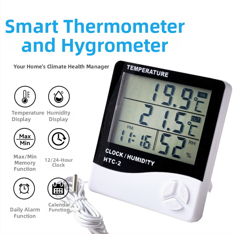 Hct-2 Digitalni mjerač temperature i vlage za unutarnju uporabu s budilicom i prikazom datuma i vremena, raspon 0–60, kompatibilan sa pametnim domom