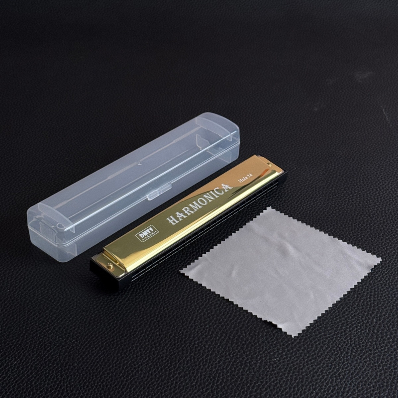 Armonică metalică pentru copii, cromatică, cu 24 de găuri, două rânduri, capac cromat din cupru