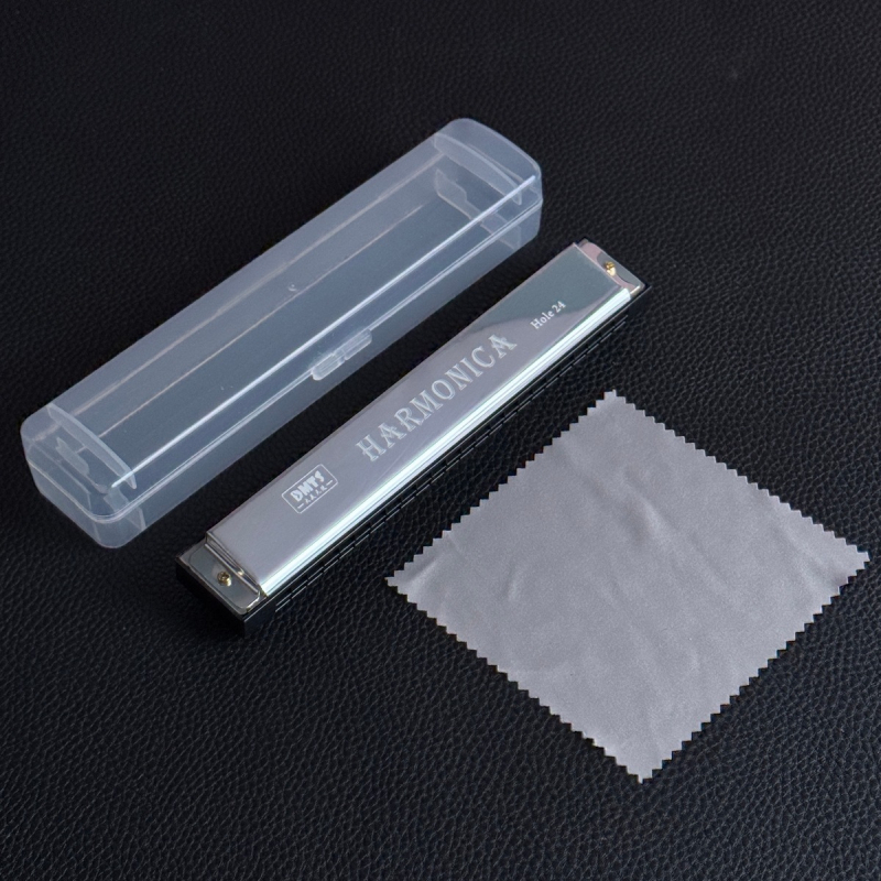 Armonică metalică pentru copii, cromatică, cu 24 de găuri, două rânduri, capac cromat din cupru