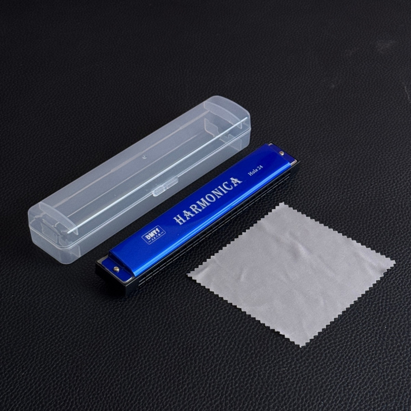 Armonică metalică pentru copii, cromatică, cu 24 de găuri, două rânduri, capac cromat din cupru