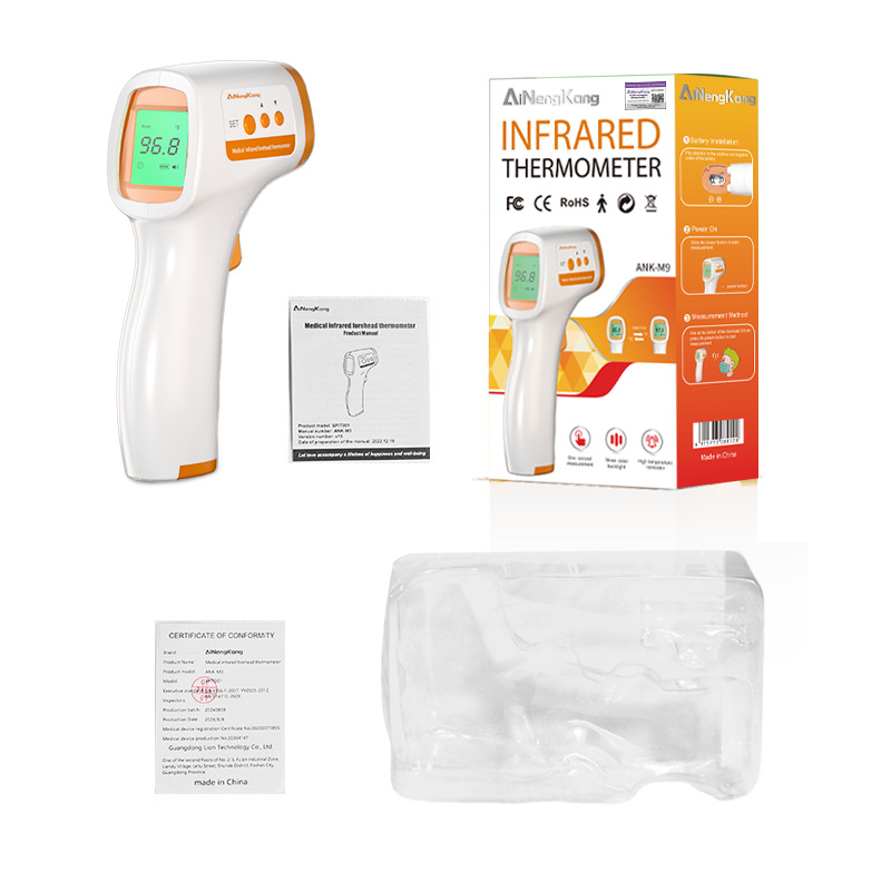 Безконтактен инфрачервен термометър за чело, модел Ank-M9 – бързи измервания, триецветна подсветка, точни резултати, аларма за висока температура, подходящ за деца и възрастни